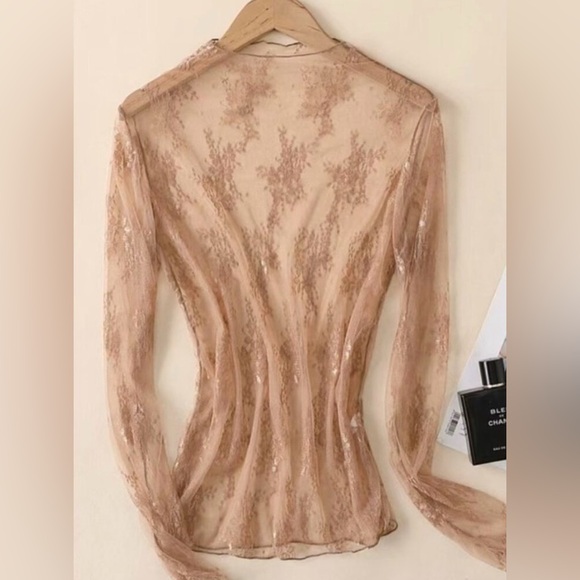Lace Mesh Sheer Mock Top Floral Layering Stretchy Tan NEW - Picture 3 of 5